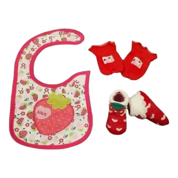 Baby Girls Bib Gift Set "Strawberry Love" Bib, Mittens, Socks baby Gift Set - Picture 2 of 6
